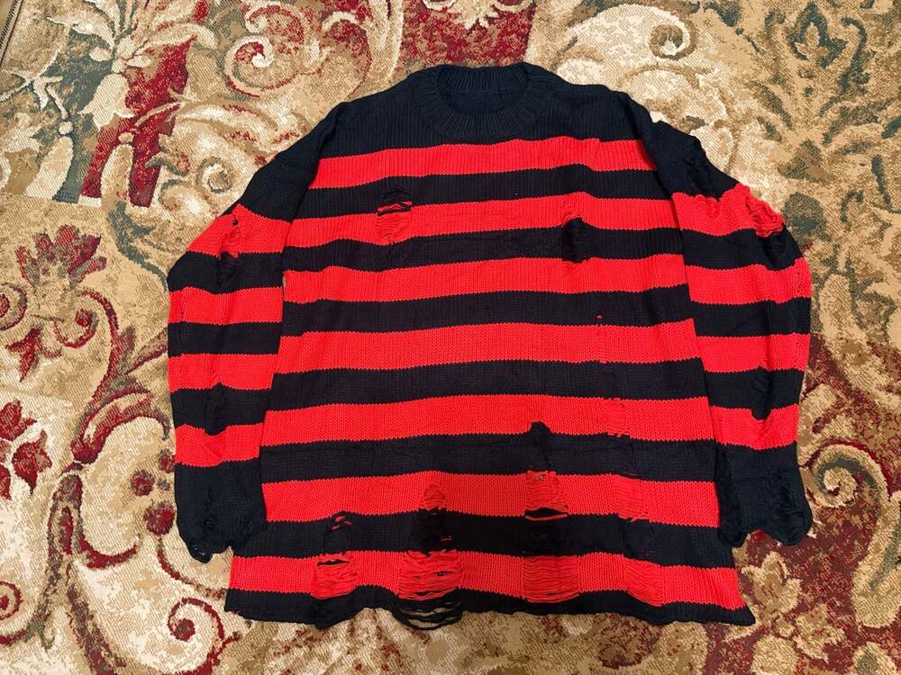 Social Collision Red and Black Striped Distressed Grunge Knit Sweater